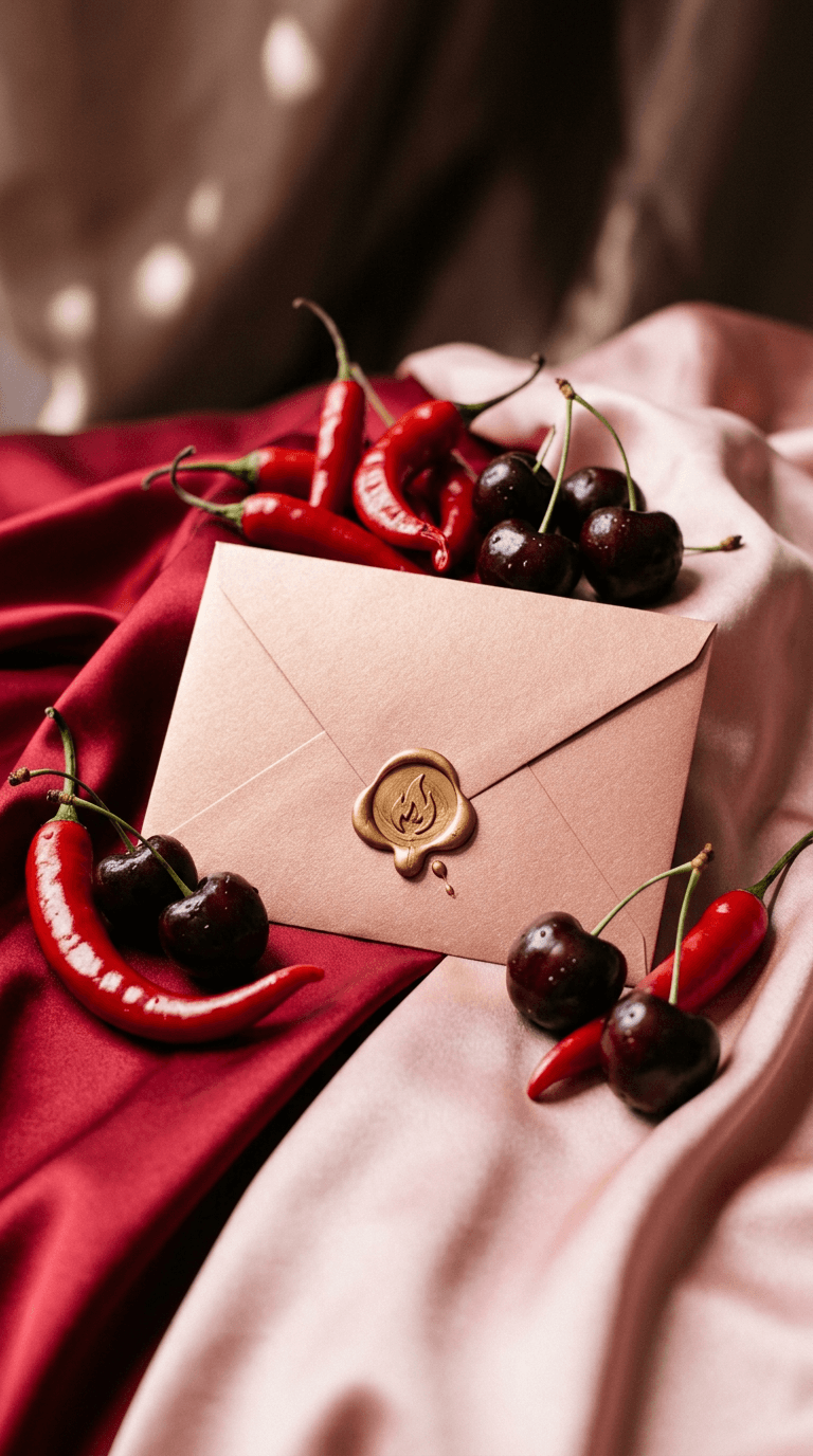 Red chilies and cherries on crimson satin beside a rose-gold envelope sealed with a flame